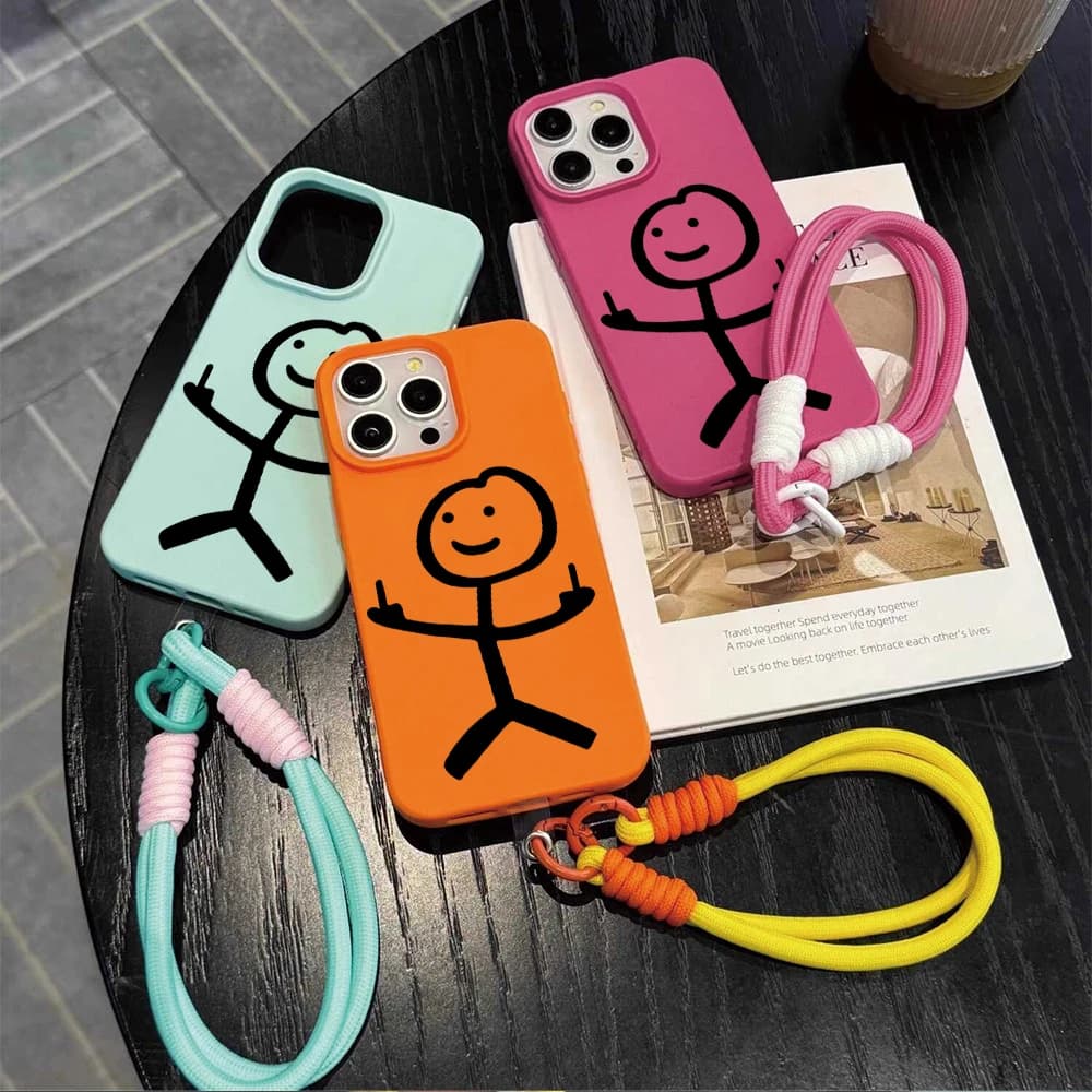 Middle Finger Stickman Strap Rope Phone Case For iPhone 17 16 15 14 Pro Max 17 16 Pro 16 15 14 Plus 17Air Silicone Matte Cover