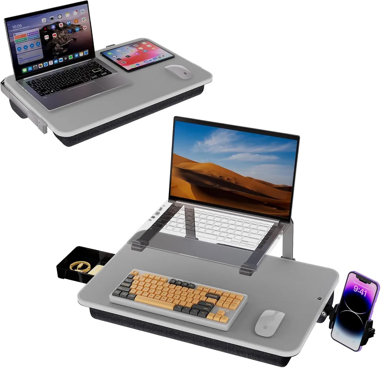 Supporto per laptop da letto con porta telefono, supporto rialzato per letto, adatto a laptop fino a 17 pollici, leggero con cuscino