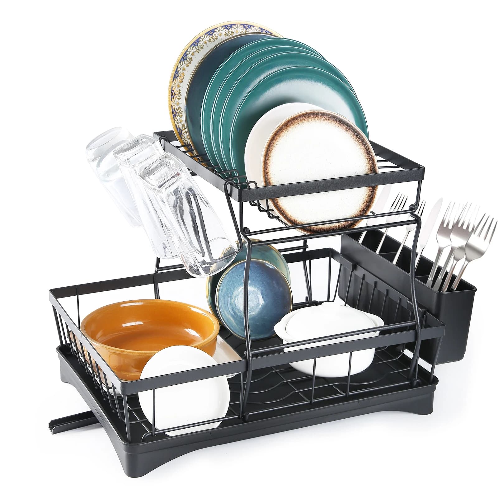 Scaffale da cucina, scolapiatti a 2 livelli con vassoio raccogligocce e tappetino scolapiatti, con portautensili, beccuccio girevole, scolapiatti