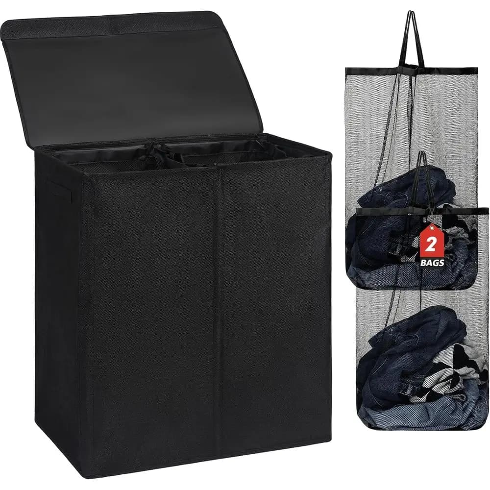 Double section folding basket with cover and removable bags for domestic and university use (black)