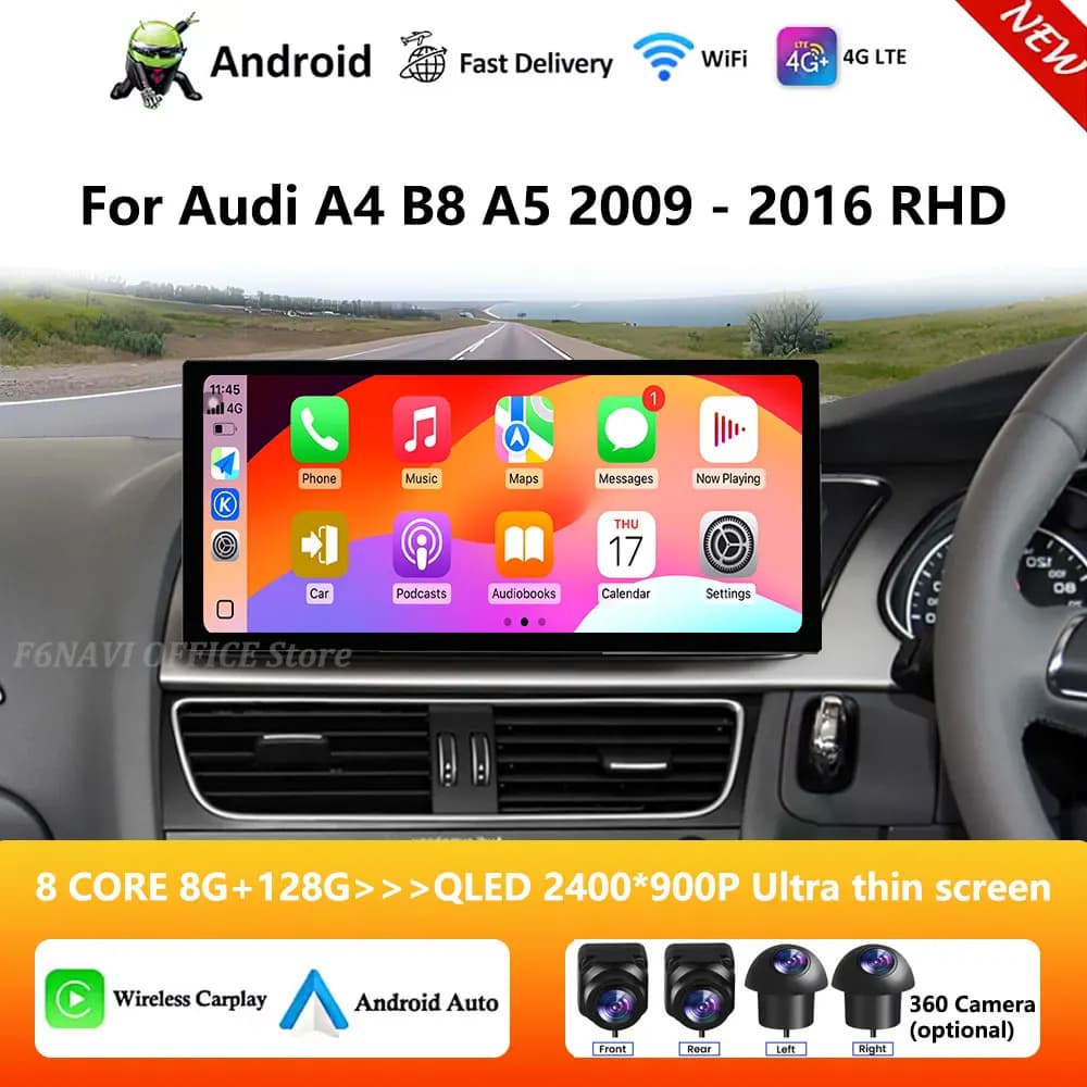 Autoradio multimediale Android 16 DSP con schermo QLED, WiFi, GPS, Navi 4G e Bluetooth per Audi A4 B8 A5 2009-2016 con guida a destra