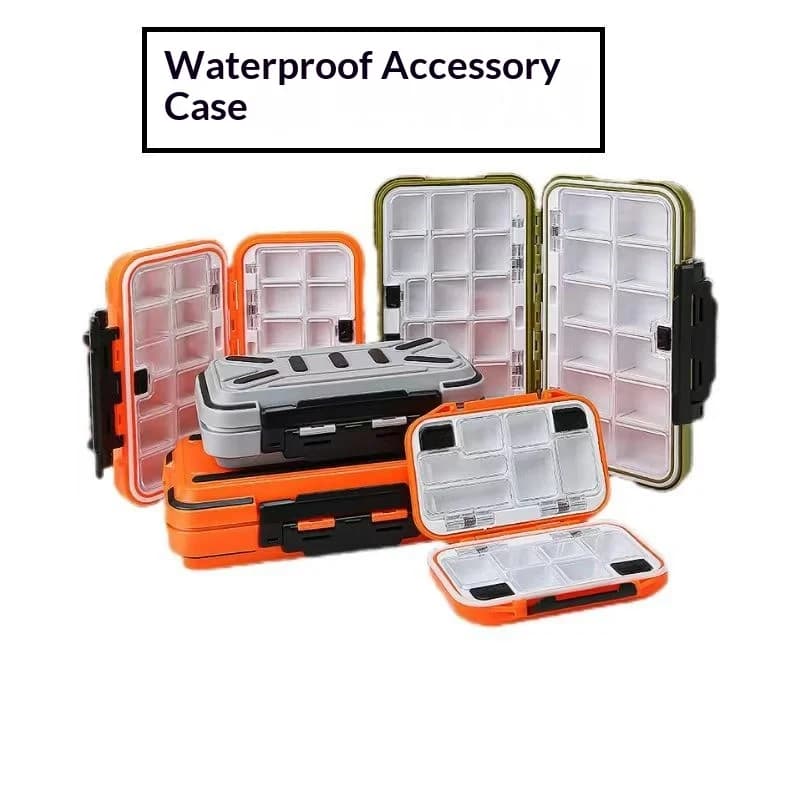 Waterproof fishing gear box, small, green, with multiple compartments for baits, hooks and outdoor fishing accessories.