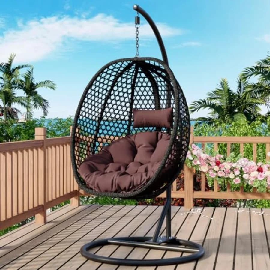 Sedia a dondolo a forma di uovo per interni ed esterni con telaio in alluminio e acciaio, tessuto beige, cuscini rimovibili per patio, balcone, giardino e camere da letto