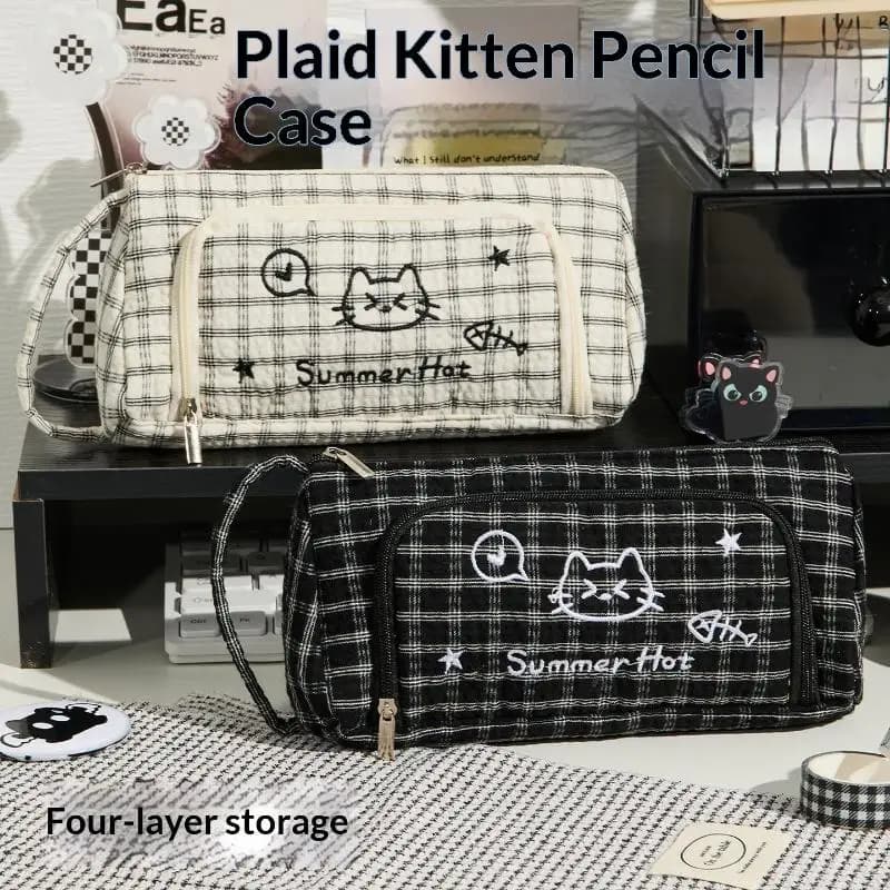 Large Capacity Cute Cartoon Cat Embroidery Pencil Case Student Stationery Storage Bag School Supplies Pencil Bag