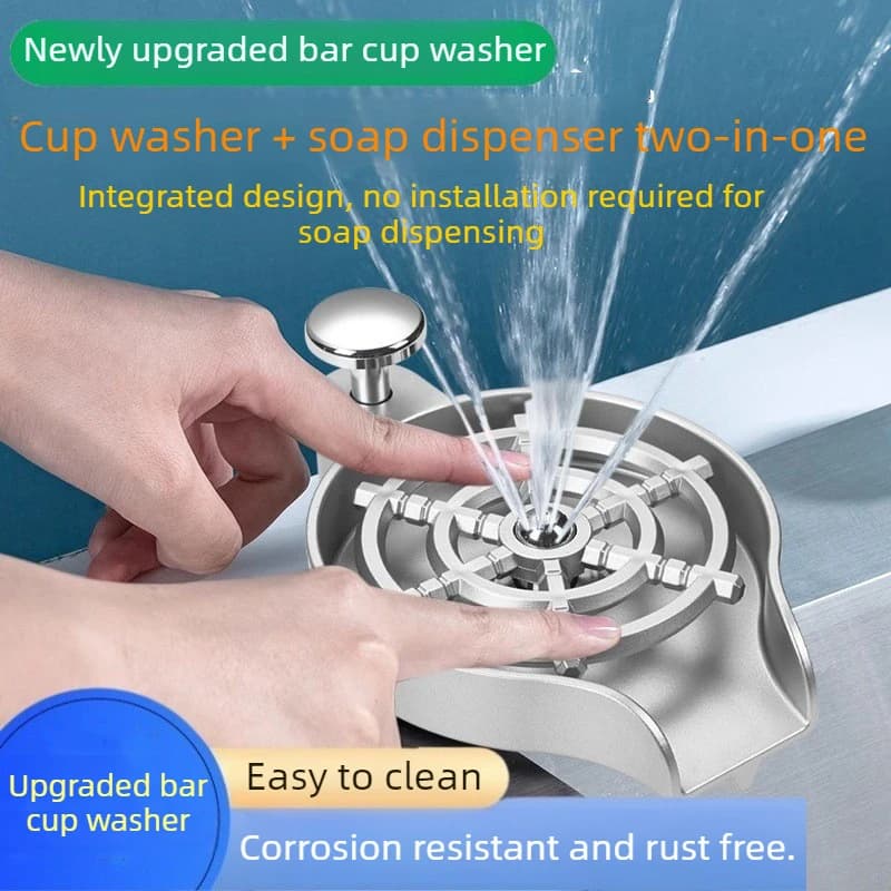 Lavabicchieri 2 in 1 per lavello da bar con dispenser sapone e spruzzatore ad alta pressione, portatile, per la pulizia automatica dei bicchieri a pressione