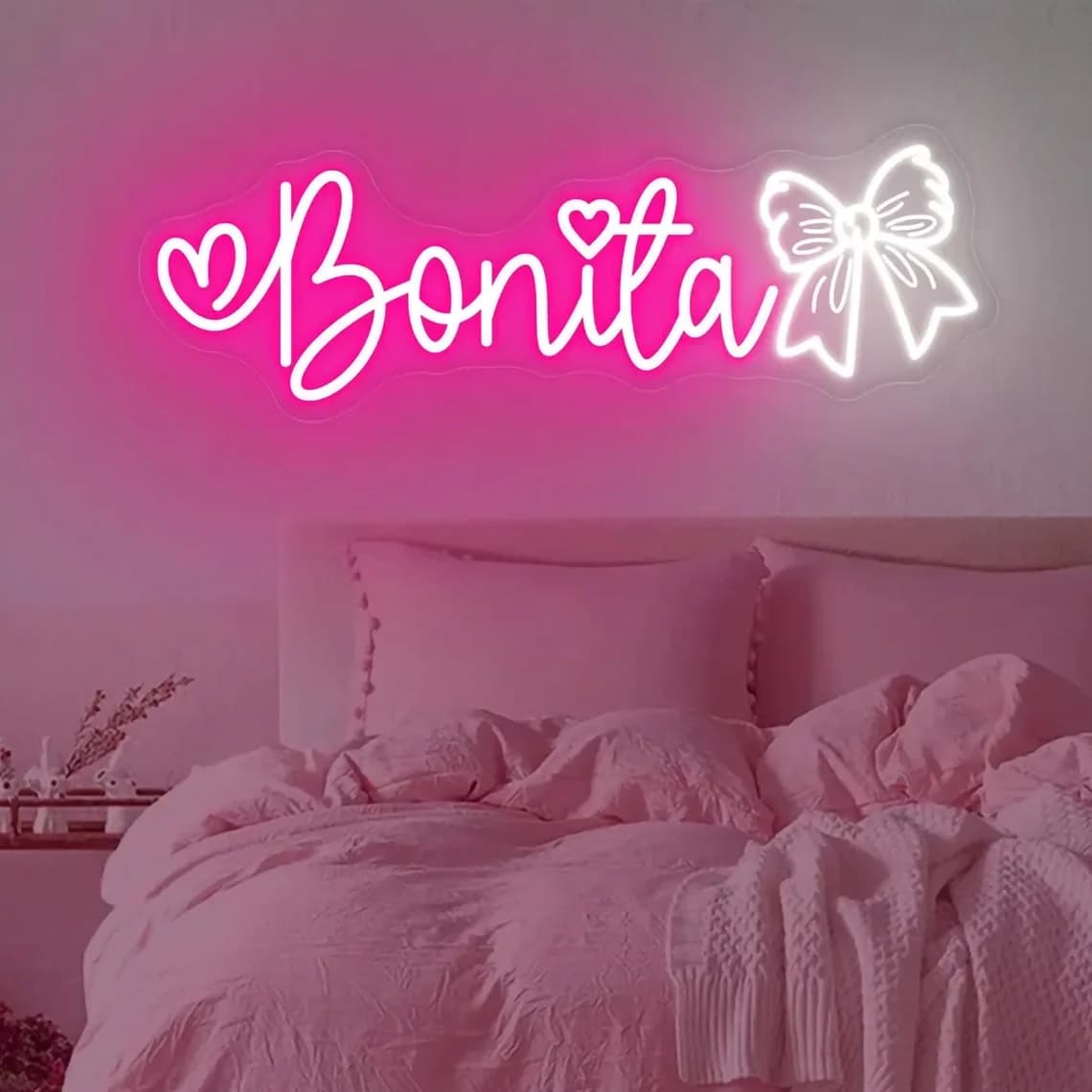Insegna al neon con nome fiocco personalizzato per bambini, al neon con nome fiocco rosa, insegna per la stanza delle ragazze, decorazione per la parete della casa, regalo per i bambini