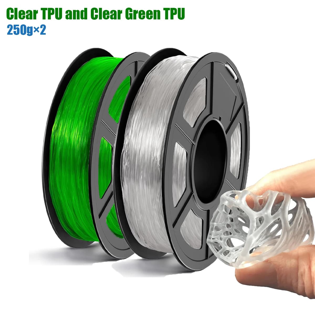 Filament for 3D printer 1 kg, transparent TPU and transparent green TPU Dimensional acuurity 1,75 mm +/- 0.03 mm, roll of 250 g/500 g/1000 g
