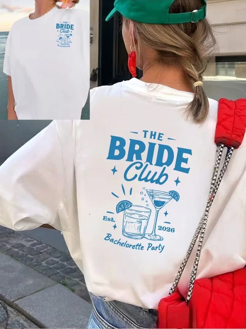 T-shirt da donna con grafica The Bride Club Bachelorette Party, top a maniche corte da donna, abbigliamento traspirante per invitati a matrimoni primaverili ed estivi