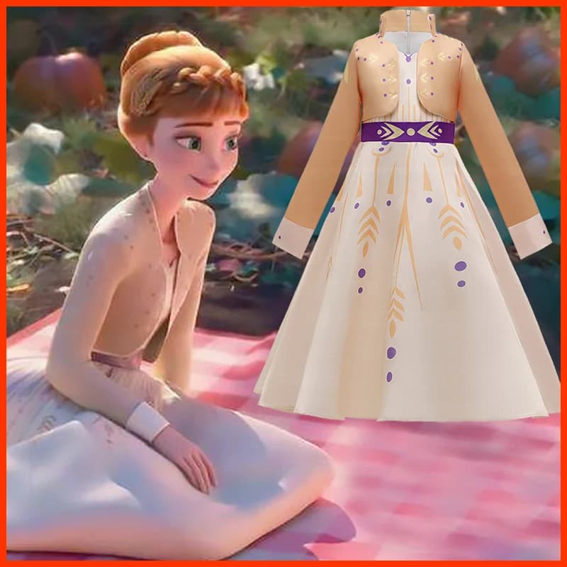 Costume da Principessa Elsa per Bambine, Vestito di Halloween con Gonna a Vita Alta e Maniche Lunghe, Abito da Bambina con Personaggio dei Cartoni Animati