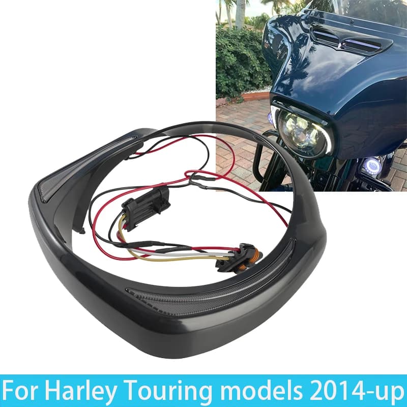 Copertura Visiera Faro Anteriore con Anello LED da 7 Pollici per Moto Harley Touring Street Glide Electra Glide CVO Ultra Classic dal 2014 in poi