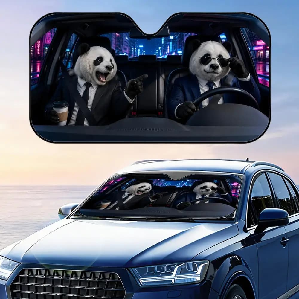 Parasole per Auto con Motivo Driver Panda in Abito, Protezione UV, Riflettente, Pieghevole, Isolante Termico
