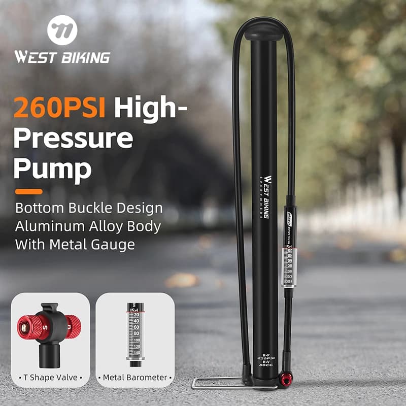 Pompa ad alta pressione WEST BIKING 260 PSI con manometro gonfiatore per pneumatici per bici per pompa da pavimento con valvola E-Bike Schrader/Presta