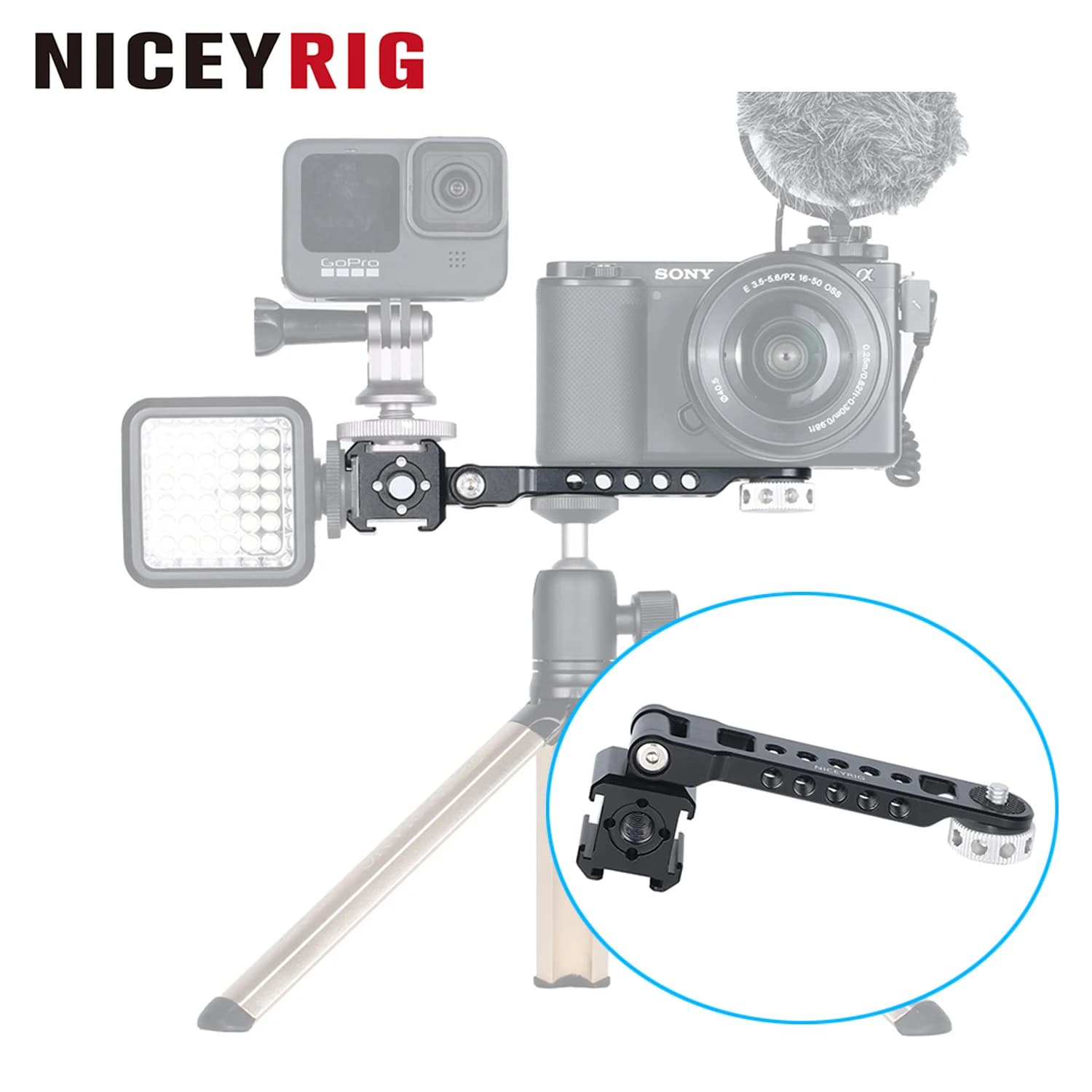 NICEYRIG Staffa di Estensione a 3 Lati con Tre Attacchi Cold Shoe e Filettatura da 1/4 per Treppiede, Asta Selfie, Gimbal, Luce e Supporto Microfono