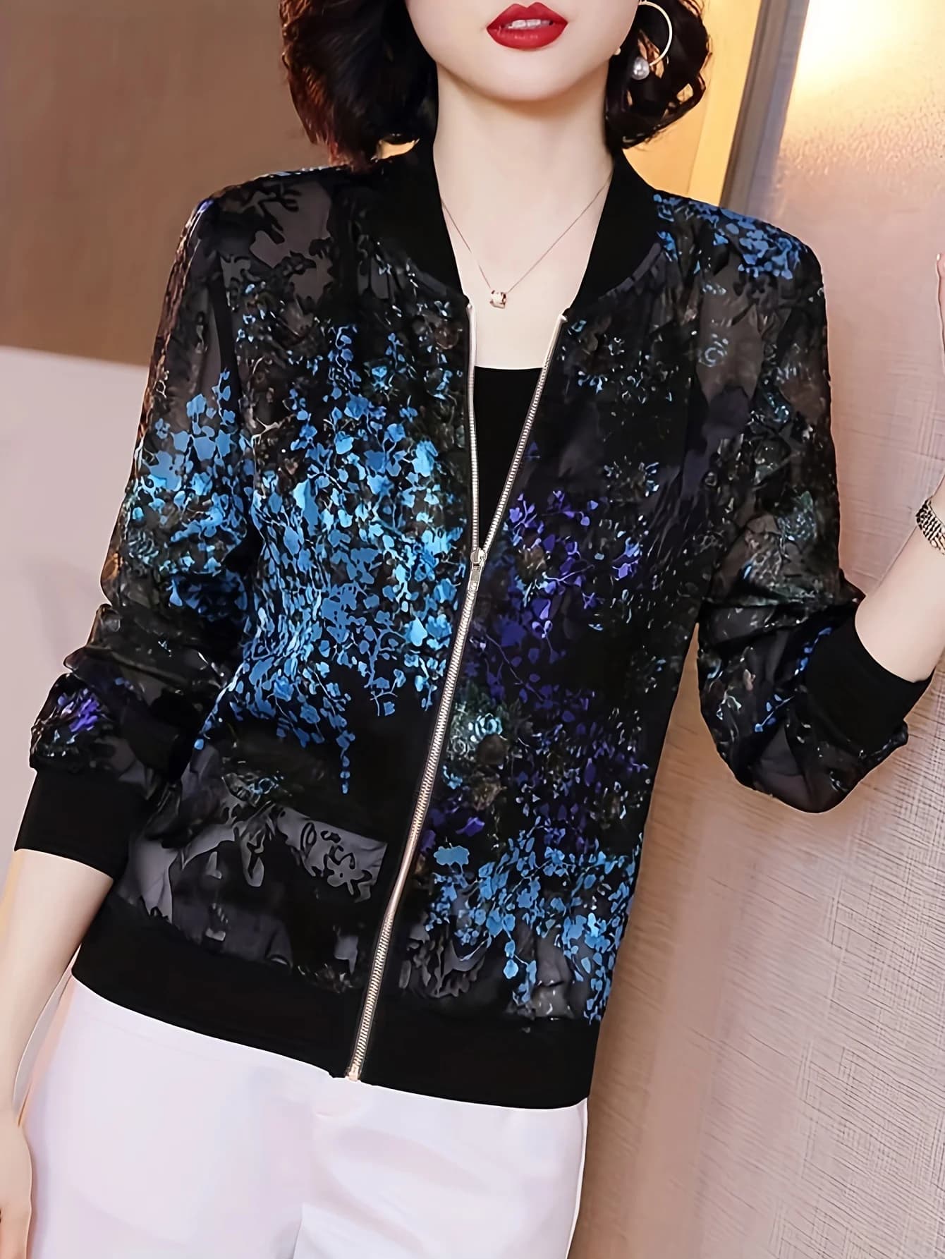 Giacca bomber da donna con stampa floreale, cappotto casual con zip, giacca leggera e velata, alla moda, con colletto rialzato, manica lunga, primavera estate, sottile