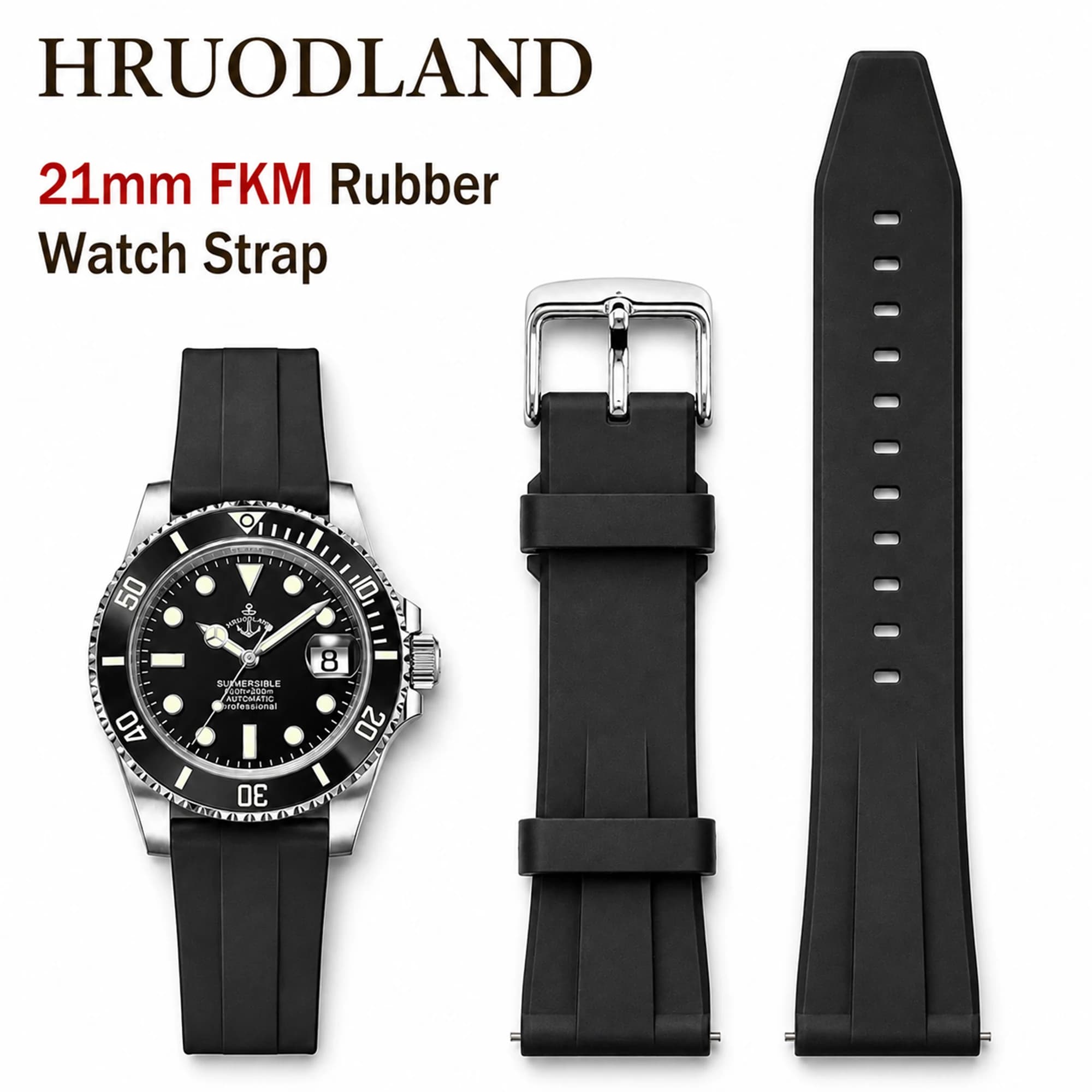 HRUODLAND FKM Rubber Watch Strap 21mm Black Fluororubber Replacement Band Stainless Steel Buckle Sport Diving Watch Band for Men