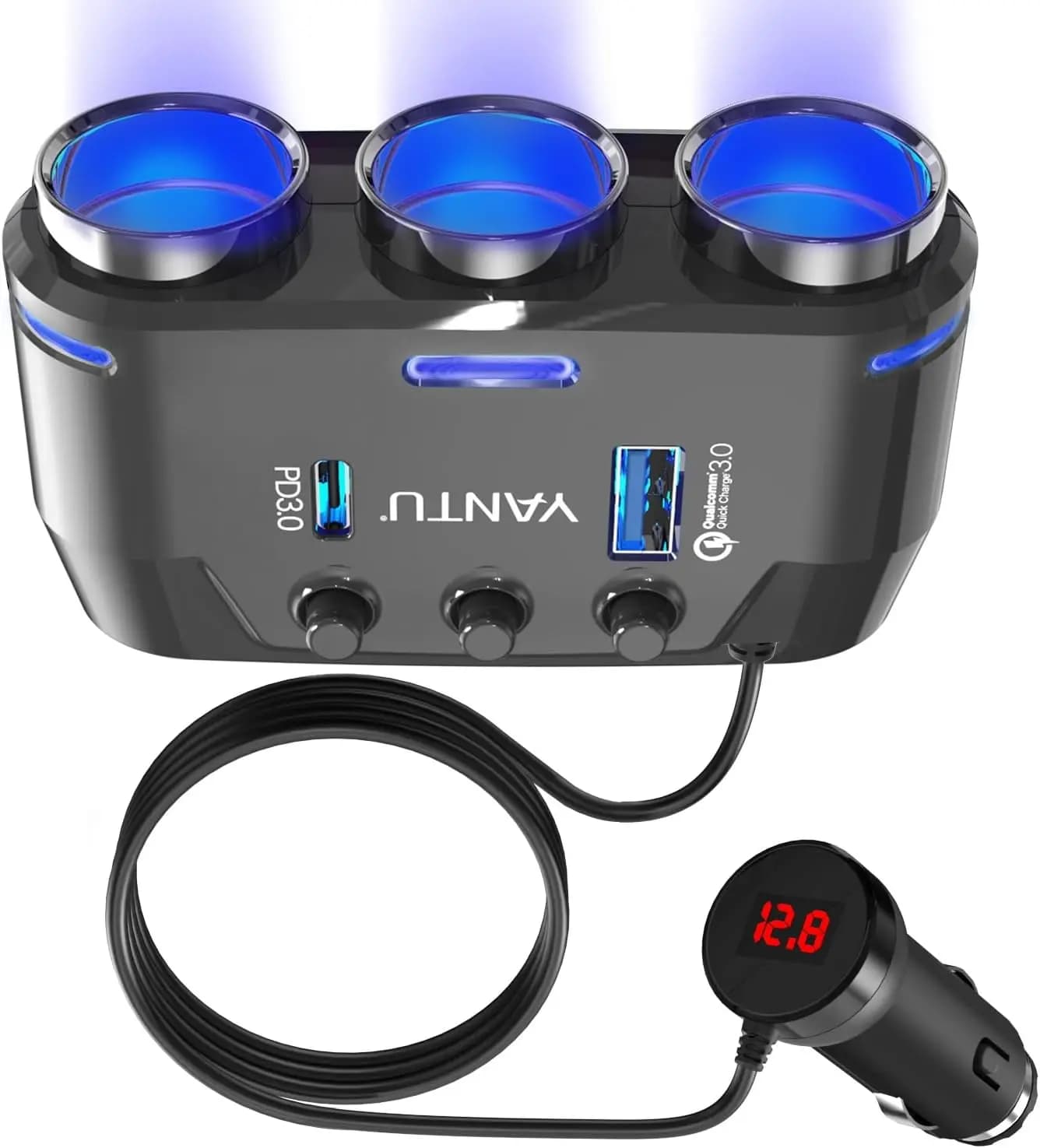 140W car cigarette lighter splitter with 3 sockets and USB ports, QC3.0+PD3.0 rapid charging for GPS, dash cam