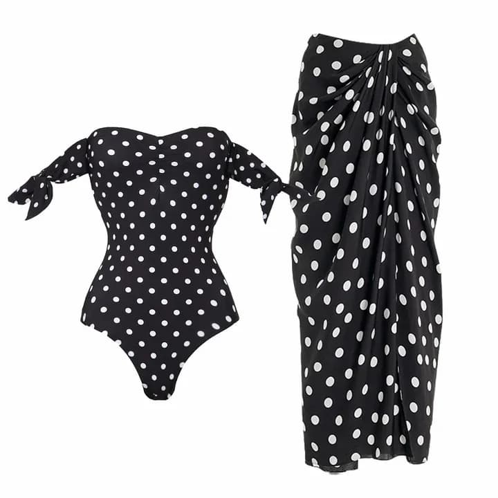 Costume da bagno intero da donna, stile europeo e americano, con top a tubino, a pois, con maniche a volant, costume da bagno di alta gamma.