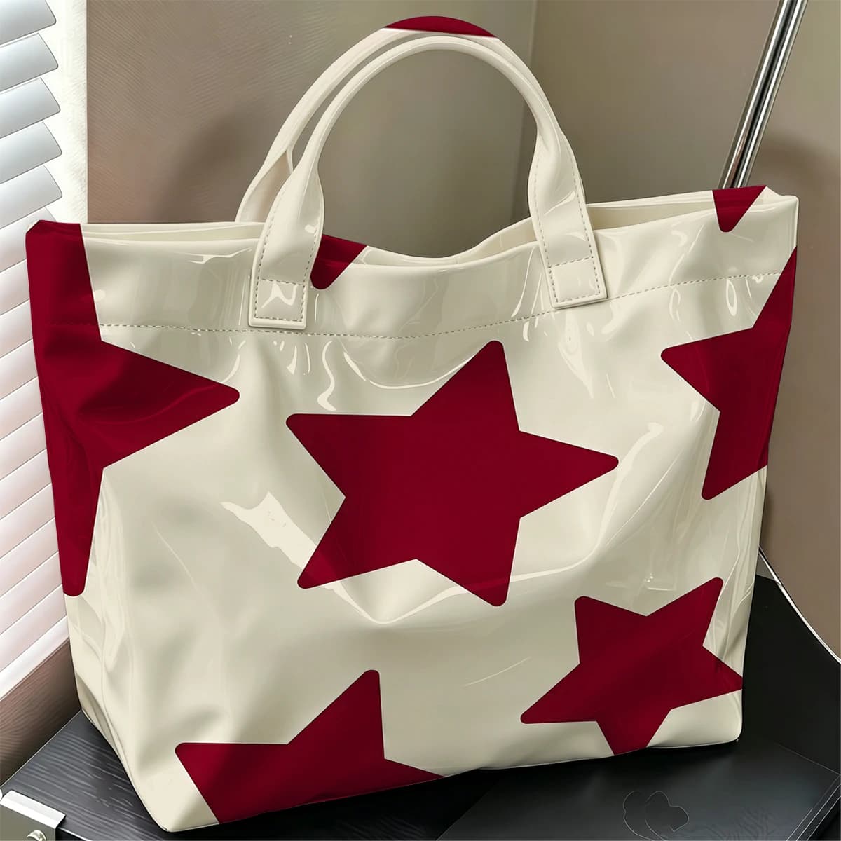 Burgundy Star Cute Large Glossy PVC Tote Bag Hand Washable Lightweight Soft Great for Travel Commute Makeup Storage Handbags