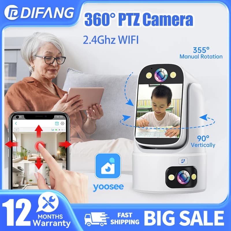 DIFANG Baby Monitor a Doppia Lente 360° ° Telecamera Panoramica PTZ WiFi per Interni con Tracciamento Automatico, Audio Bidirezionale e Visione Notturna, Monitor per Bambini Yoosee
