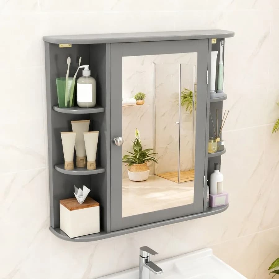 Armadietto a Specchio da Bagno a Parete con Ripiani Portaoggetti in Argento per Organizzazione Moderna del Bagno e Spazio Extra