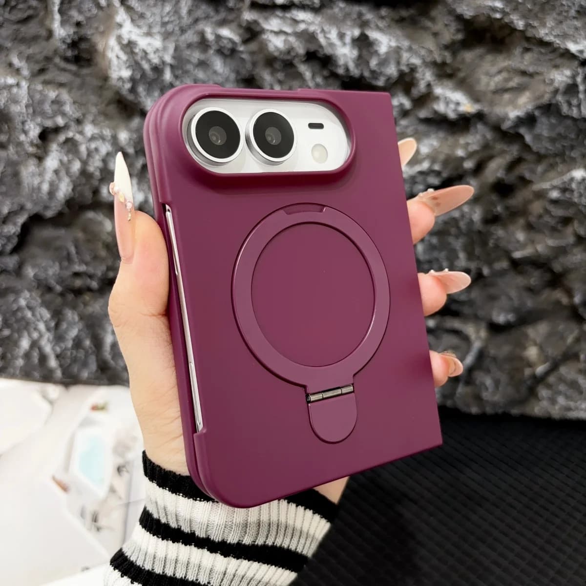 PC Skin Texture Ring Holder for Magsafe Magnetic Wireless Charging Case for IPhone Duo 18 Fold Stand Shockproof Protective Cover