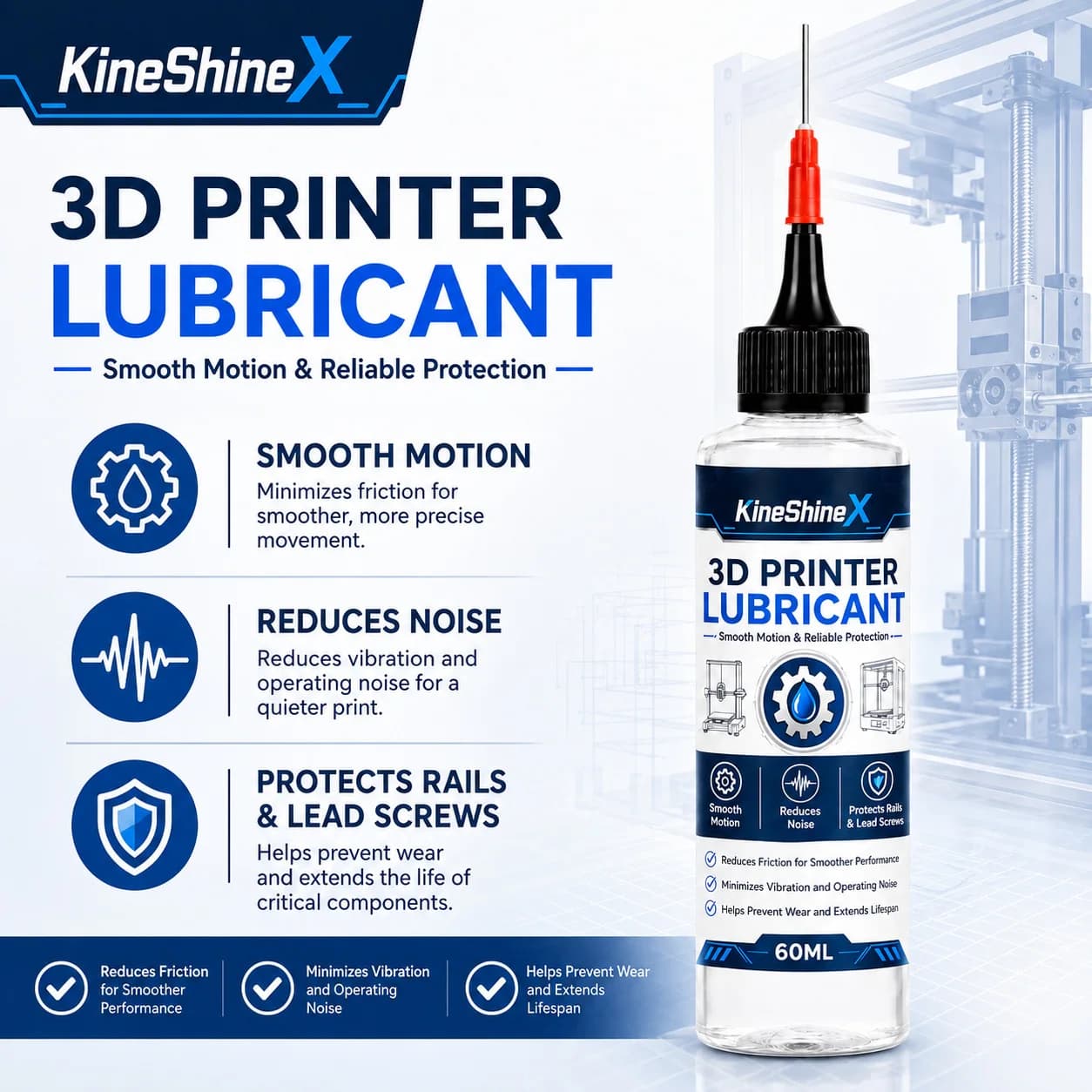 3D Printer Lubricant 60ml–Smooth Motion & Low Noise for Rails, Rods & Lead Screws,Reduces Friction,Protects,Precision Needle Tip