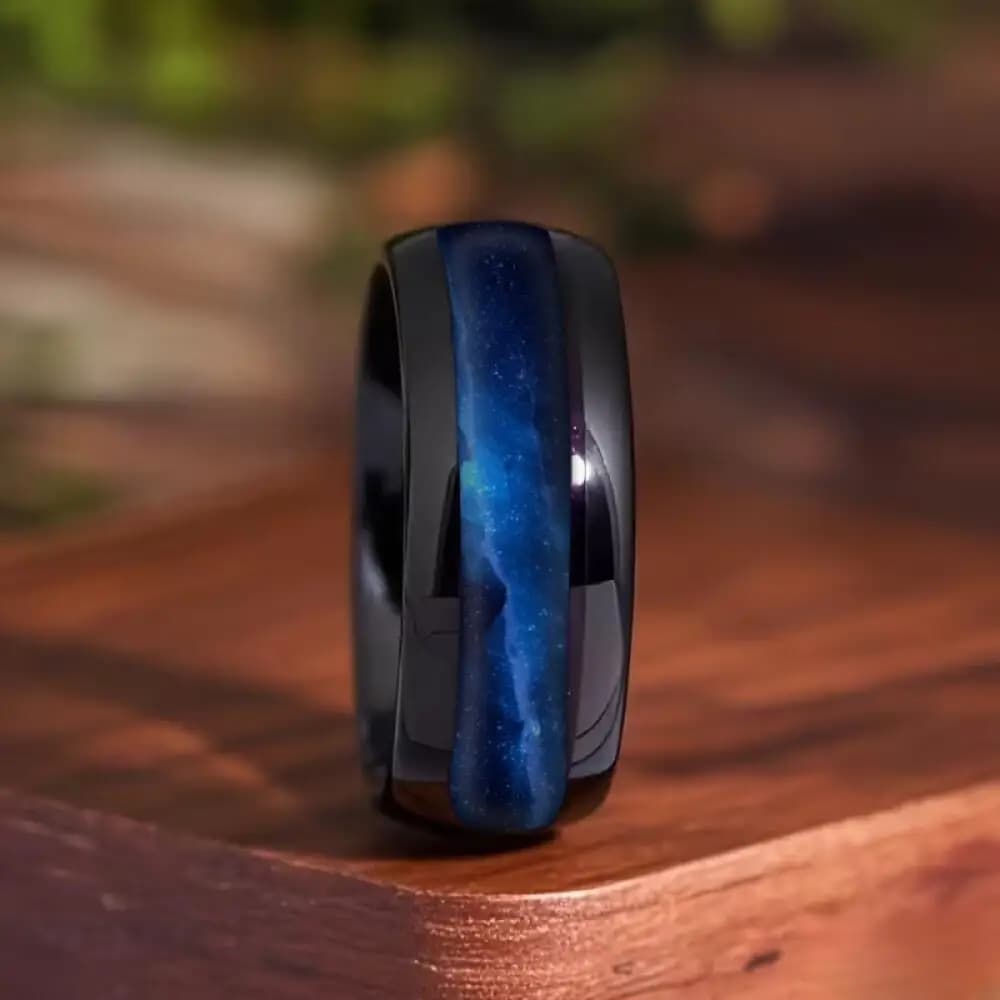 Anelli con Motivo Nebulosa Blu Sfumato, Anello da Uomo in Acciaio Inossidabile 8mm con Cielo Stellato Cosmico, Gioielli per Matrimonio, Spedizione Diretta