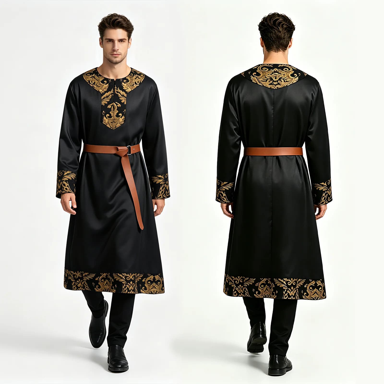 Men's Medieval Renaissance Tunic Robe, Vintage Gold Baroque Print Long Sleeve Belted Dress, Retro Gothic Cosplay Costume for Hal