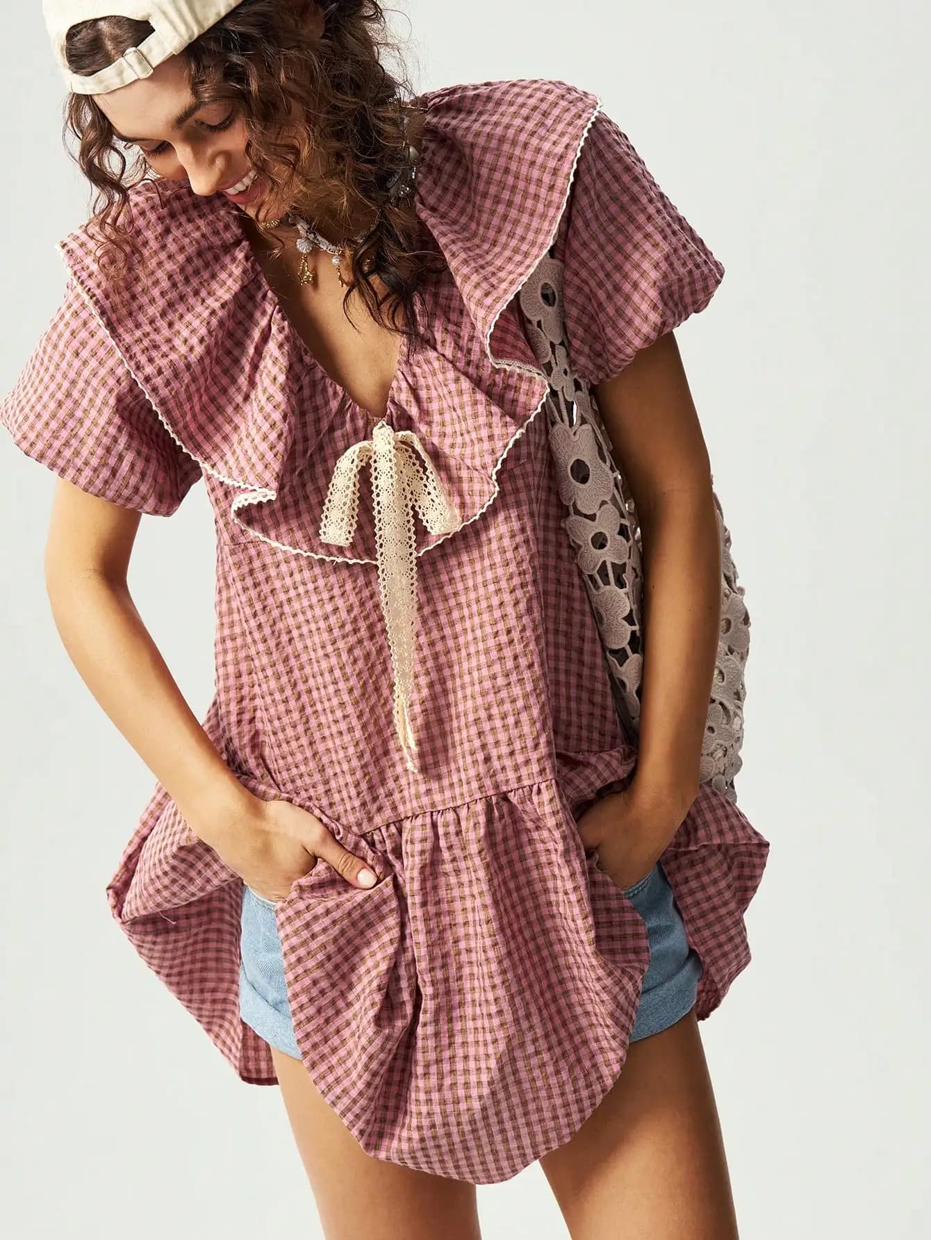 Women's Plaid Loose Bubble Sleeve Dress Fashionable Casual Style Maxi Skirt A-Line Midi Dress