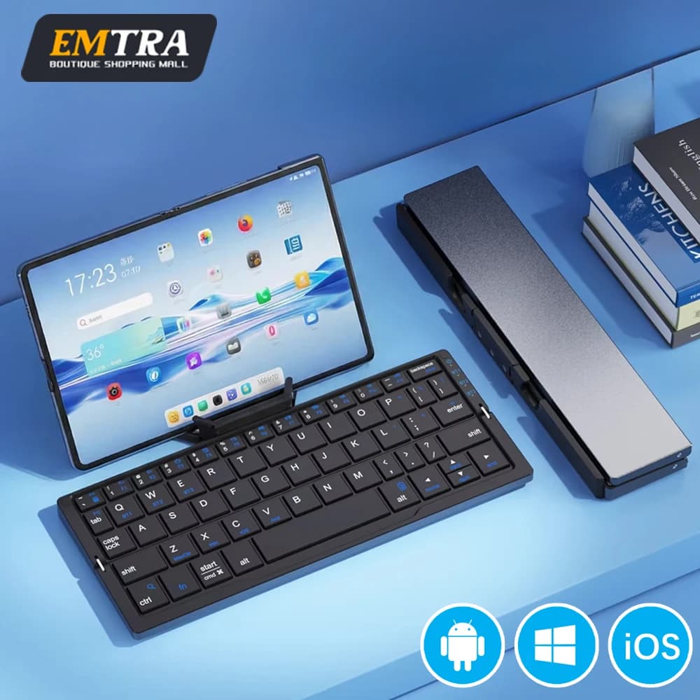 Mini tastiera Bluetooth EMTRA, tastiera wireless pieghevole ricaricabile in alluminio con supporto per telefono e tablet, tastiera russa e spagnola