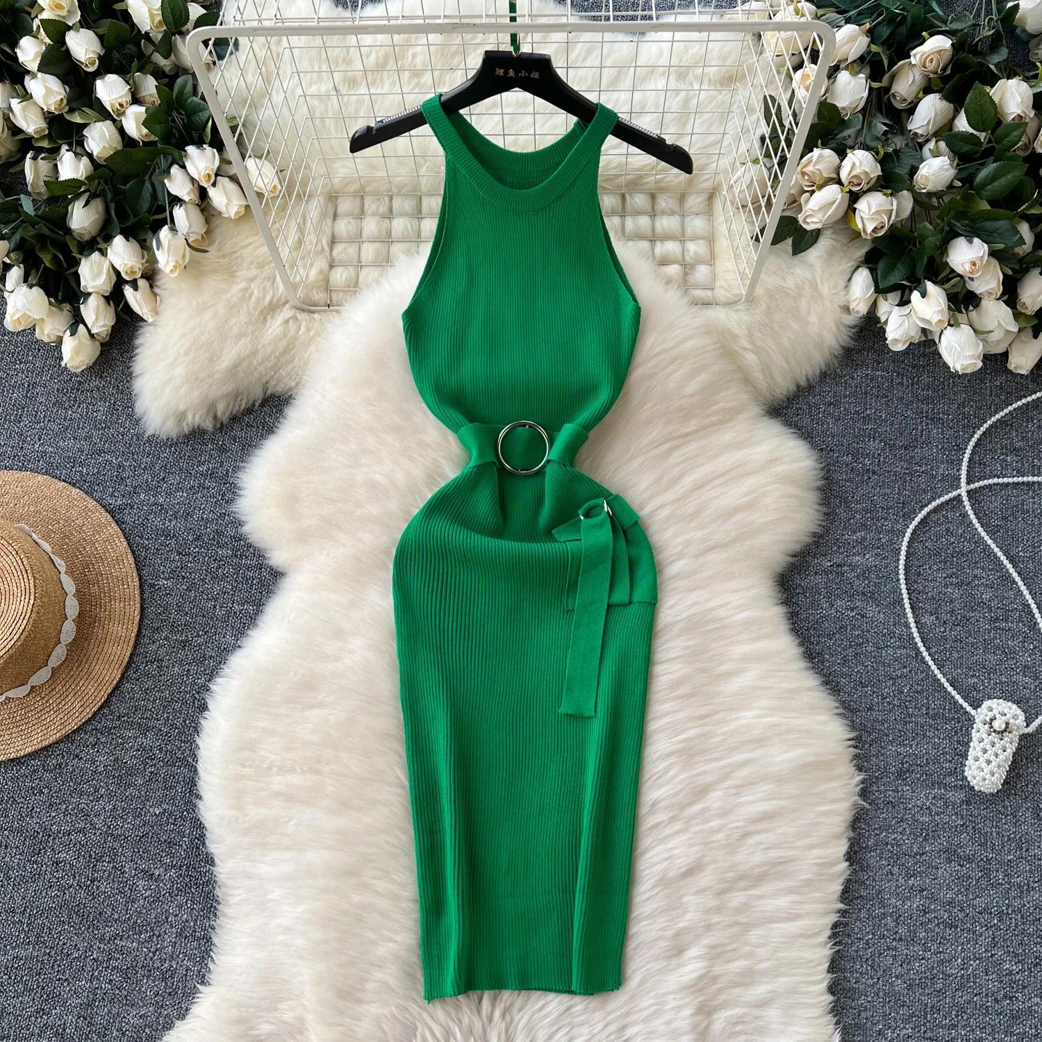 YuooMuoo Ins Hot Sexy Cornici del pacchetto Lavorato A Maglia Vestito Da Estate Delle Donne Sottile Elastico Sash Fasciatura Aderente Vestito Da Partito Streetwear Abiti