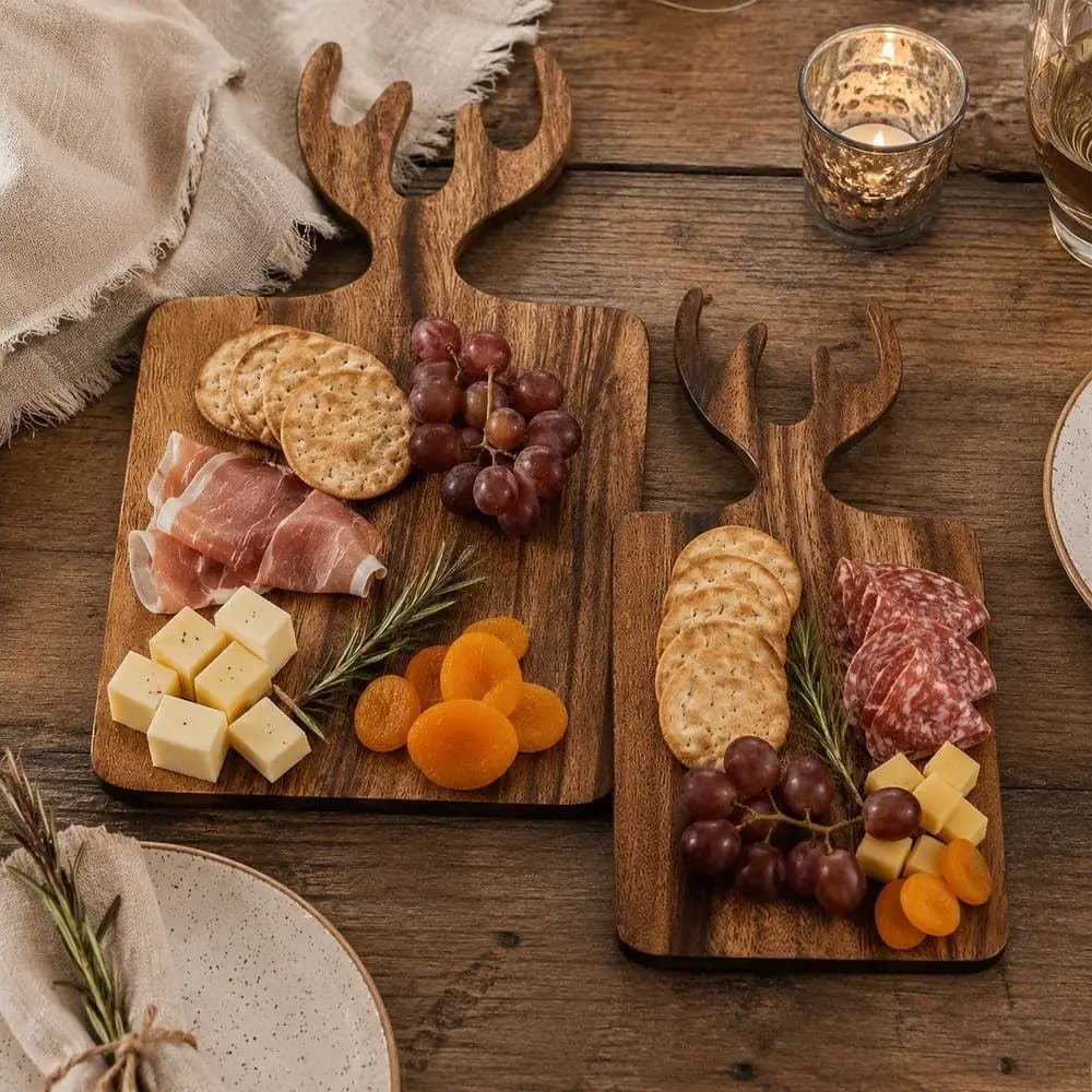 1pc Teak Deer Antler Shaped Chopping Board, Bread Board, Vegetable Cutting Board, Fruit Cutting Board, Serving Tray
