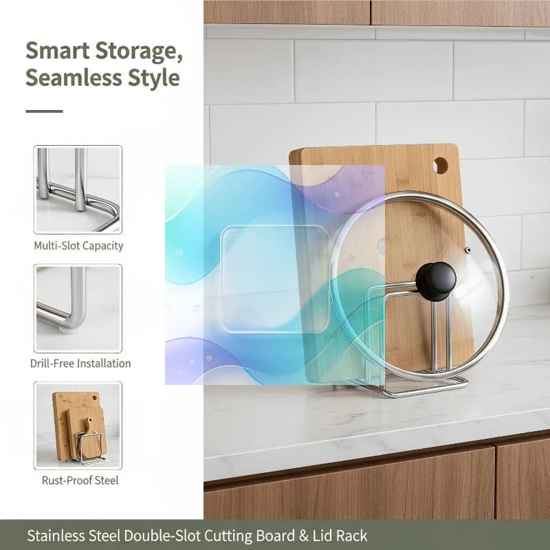 Stainless Kitchen Organizer Countertop Stand for Pot Lids and Cutting Boards