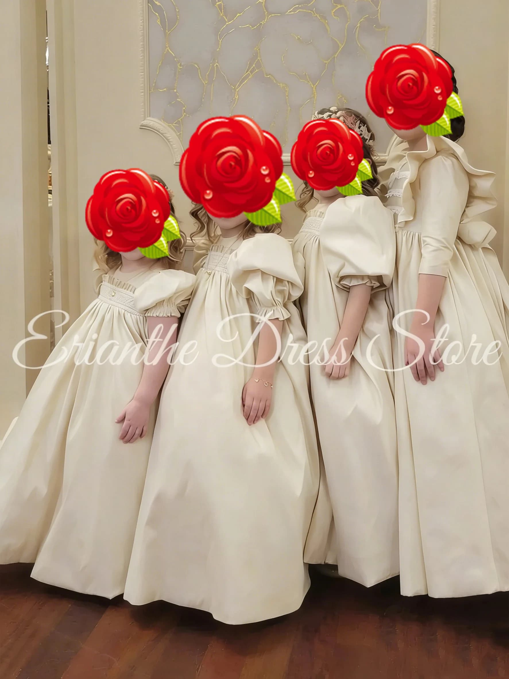 Abito da ragazza di fiore da damigella d'onore in raso avorio per abiti da ballo da prima comunione per feste di compleanno per bambini in pizzo a vita alta personalizzati
