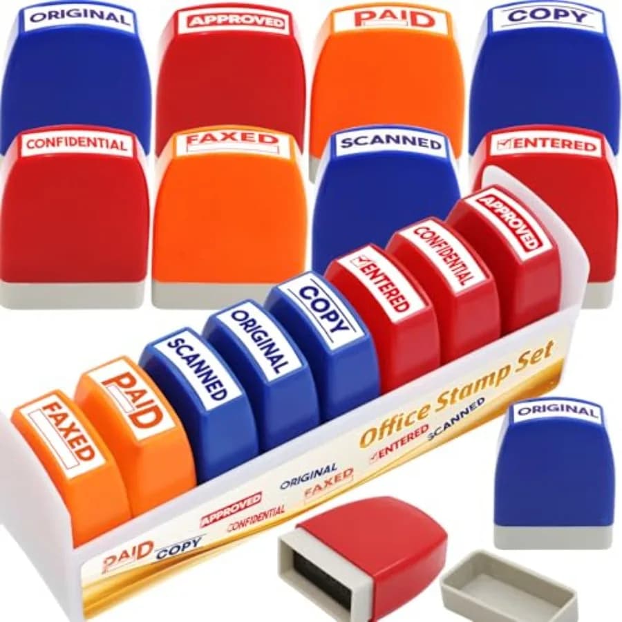 8 Pack Self Inking Business Rubber Message Stamps Office Stamp Set Paid Completed Scanned Reusable Work Stampers with Storage T