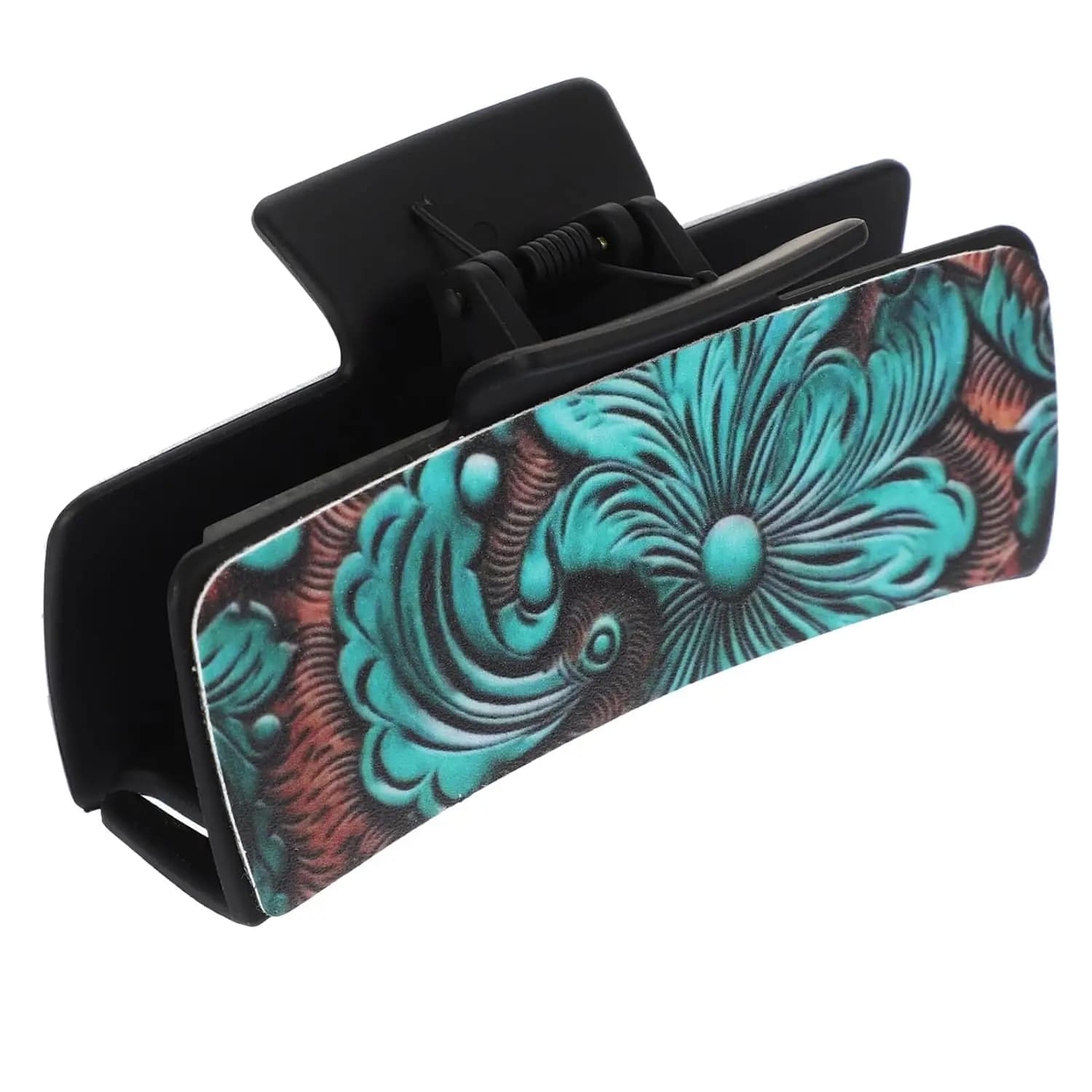 minkissy Western Hair Claw Clips Vintage Turquoise Pattern Hair Accessories for Women Girls Ladies PU Leather Square Ponytail Jaw Holder Green