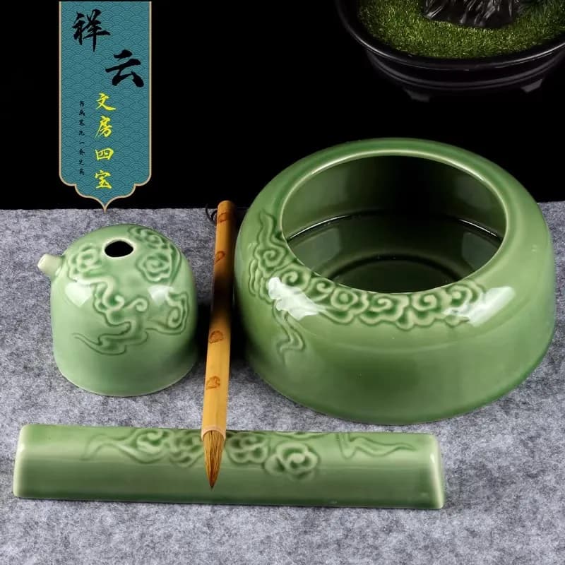 Ceramic Four Treasures of the Study, Chinese Calligraphy Set Brush Holder, Water Dropper, Brush Washer, Paperweight