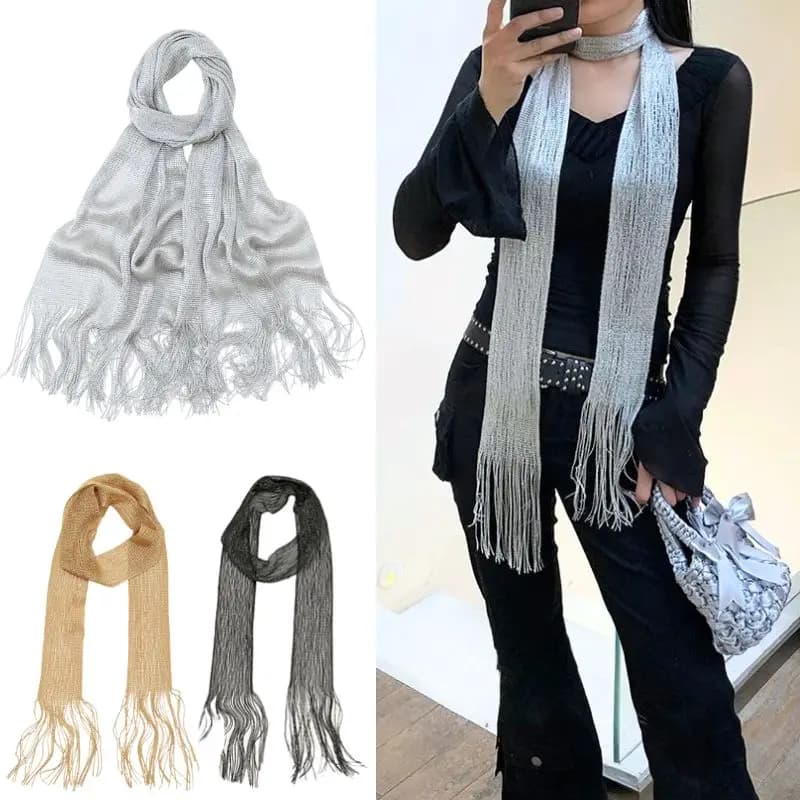 Long Multipurpose Silk Scarf with Golden Thread and Nappe, Solar Protective Scarf, Women's Silk Scarf
