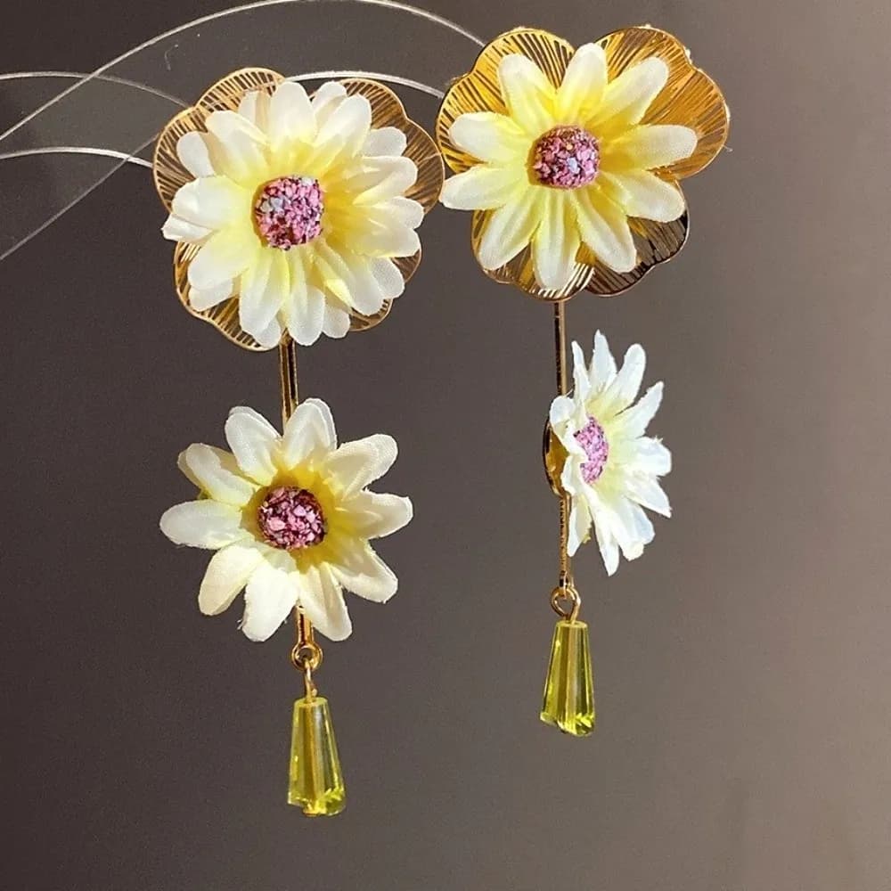 Retro Sweet Fabric Flower Earrings Glass Colorful Floral Pendant Earrings Cloth Iron Crystal Drop Earrings Gift