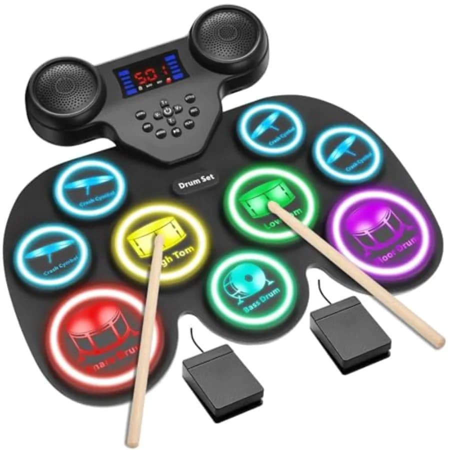 Set di Batteria Elettronica con Spettacolo di Luci LED a 7 Colori, 9 Pad, Supporto Bluetooth MIDI, Batteria Elettrica Extra Spessa