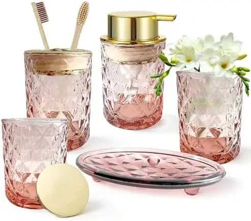 Set da Bagno Marrone 5 Pezzi - Dispenser Sapone, Porta Spazzolini, Bicchiere, Porta Q-tip e Porta Sapone - Organizzatore in Vetro, Idea Regalo