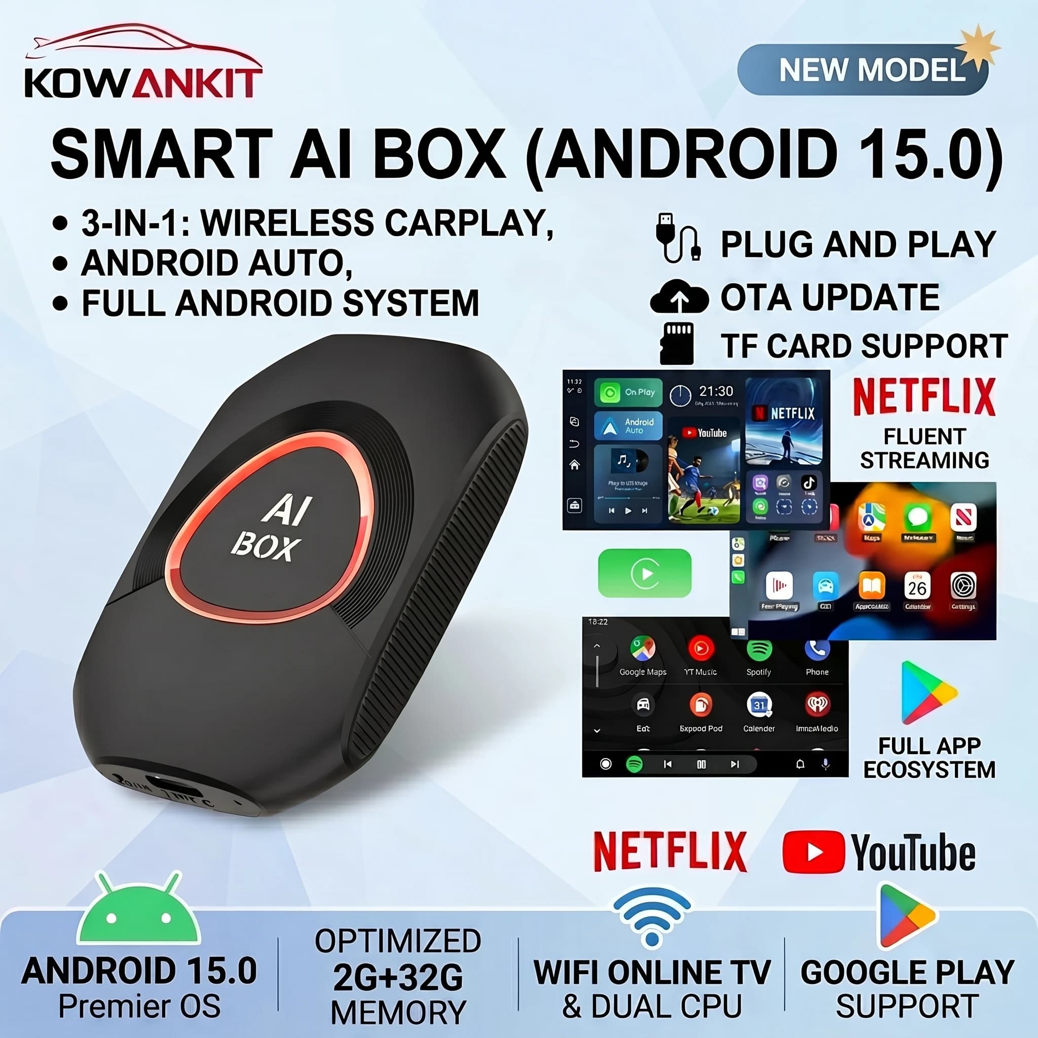2026 Kowankit Android 15 3 in 1 Wireless CarPlay Smart AI Box Adattatore Android Auto Plug & Play Box TV per Auto Supporta YouTube Netflix