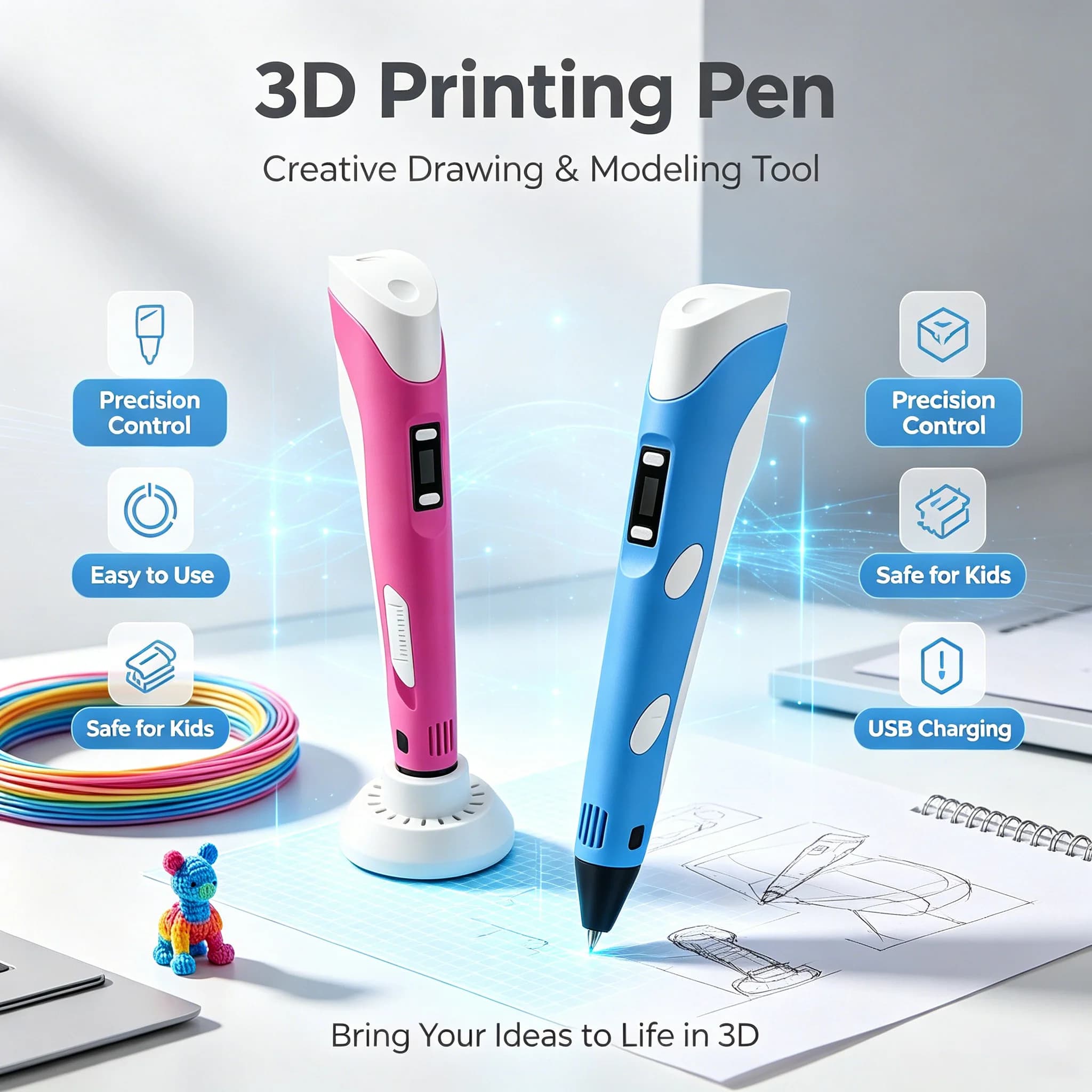 High Quality New 3D Pen for Children 3D Printing Pen with LCD Screen Power Adapter PLA Filament for Kids Christmas Birthday Gift
