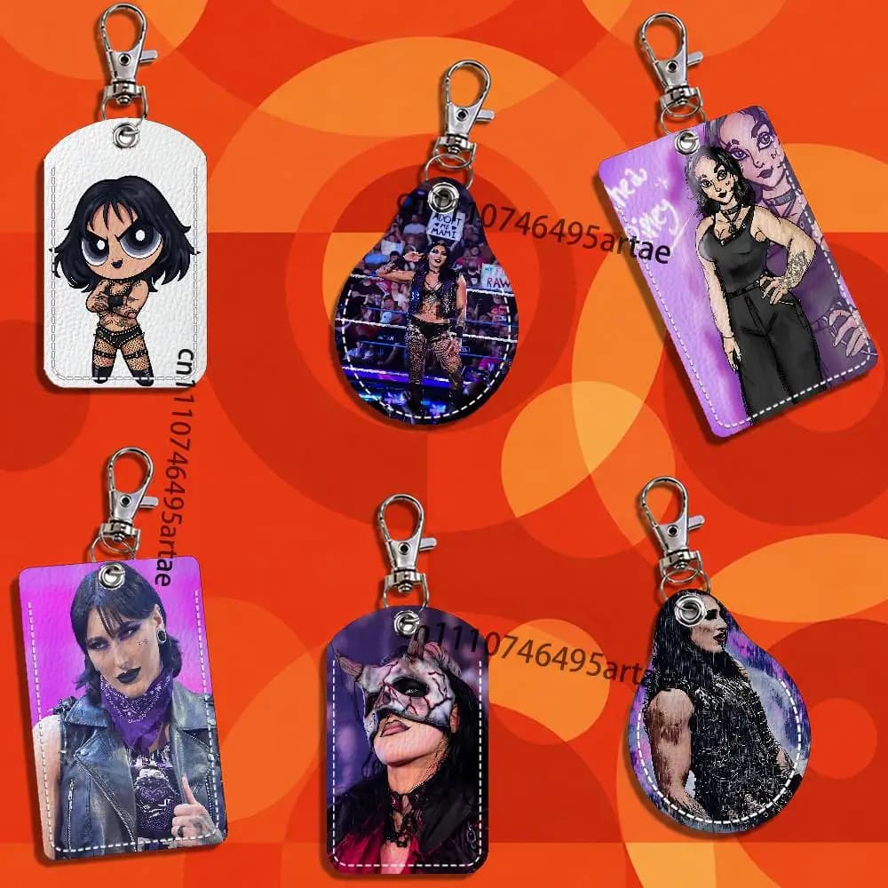 Mami black Rhea Ripley Cartoon Singer Rectangle ID Card Case Keychain Access Card Bag Key Tag Ring Leather Card Holder Key Ring