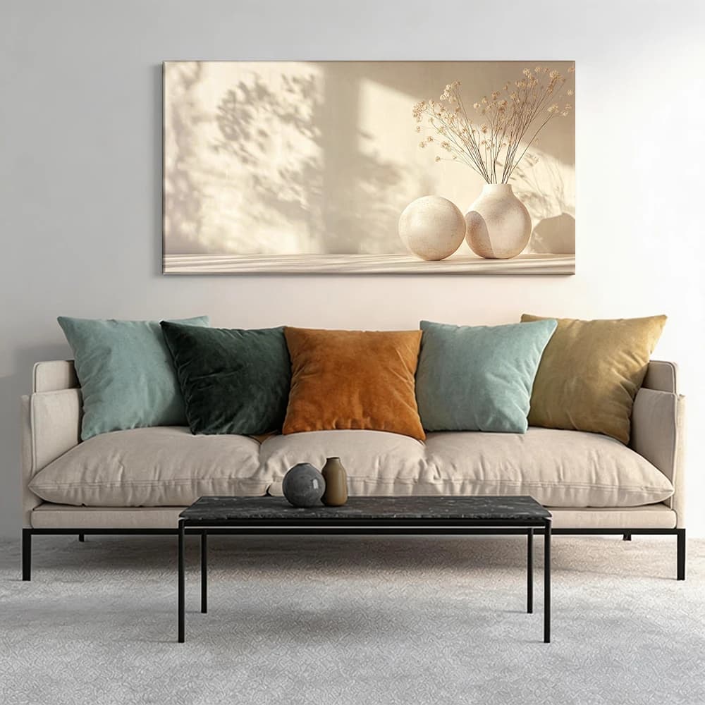 Painted on canvas with large solid wood frame, 1 piece, minimalist vases with dried flowers.