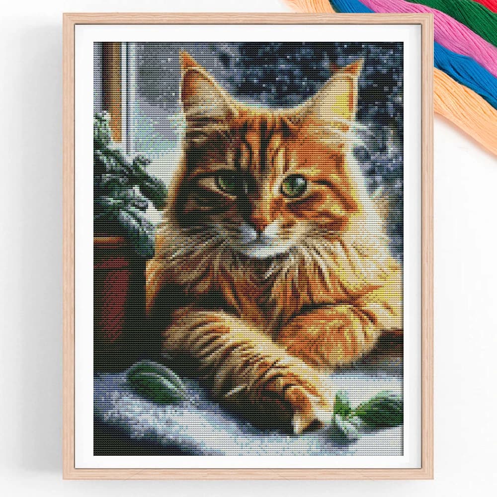 Pre-Printed Cross Stitch Kit Easy Pattern Stamped Fabric Embroidery Set-The Cat By The Window
