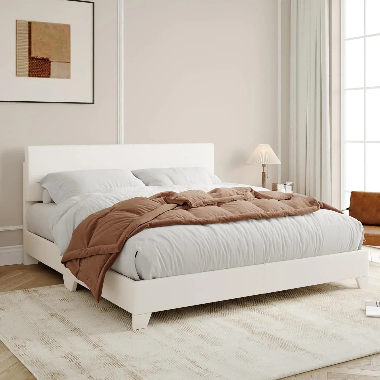 Double bed frame with adjustable headboard, shelf bed in leather with wooden slats, base for durable mattress, No