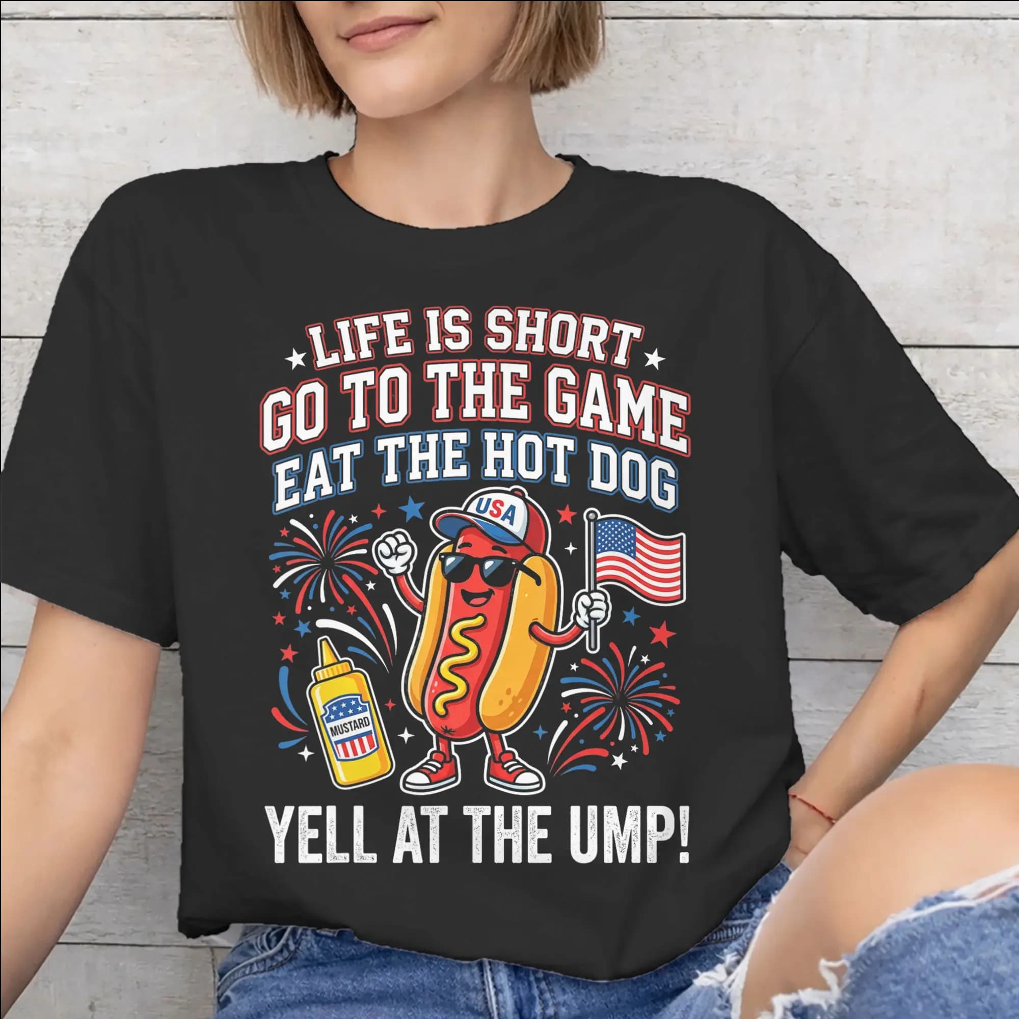 Maglietta stampata Life is Short Go to The Game Eat The Hot Dog Yell At The Ump per uomo e donna, maglietta in cotone a maniche corte