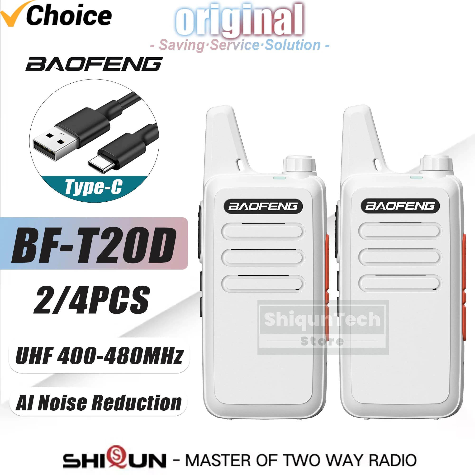 2/4 Pezzi BF-T20D Baofeng Walkie Talkie con Riduzione del Rumore, Ricarica USB-C, UHF 5W, Radio Portatile Mini Ham, Versione Aggiornata di BF-T20 per la Caccia