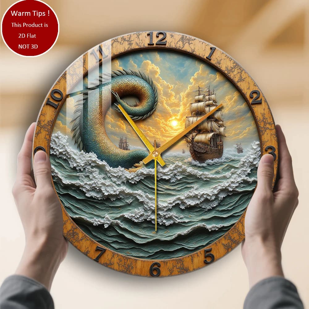 Tempered Glass Wall Clock Dragon Ship Wave sunset watch suitable for wall decorations or table display anywhere